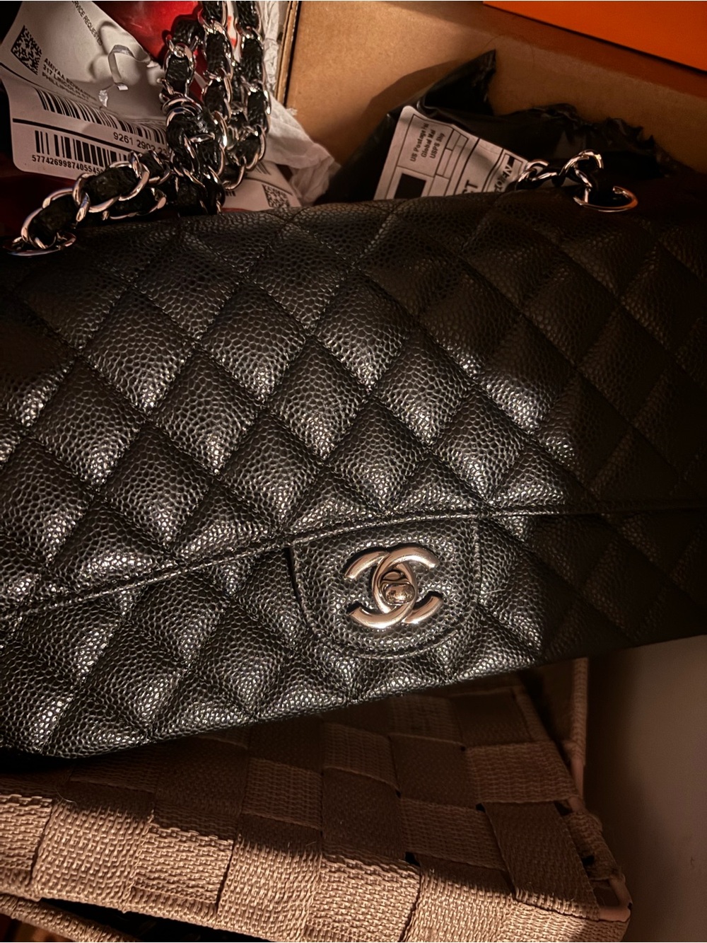 Black Double Flap Caviar CC Bag Burgundy Interior with Silver Hardware